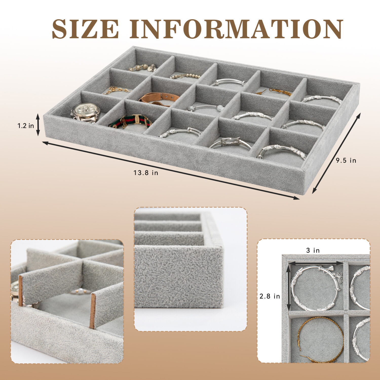 Polmart Stackable 15-Grid Jewelry Organizer/Storage/Display Trays, Gray Velvet (2-Pack) - Image 3