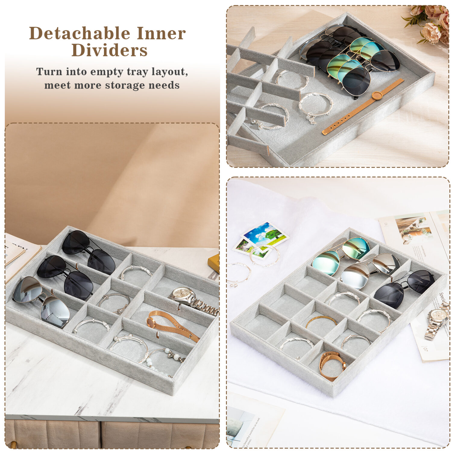 Polmart Stackable 15-Grid Jewelry Organizer/Storage/Display Trays, Gray Velvet (2-Pack) - Image 4