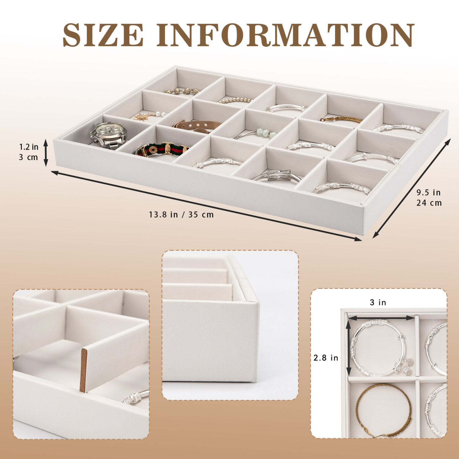 Polmart Stackable 15-Grid Jewelry Organizer/Storage/Display Trays, White Leatherette (2-Pack) - Image 3