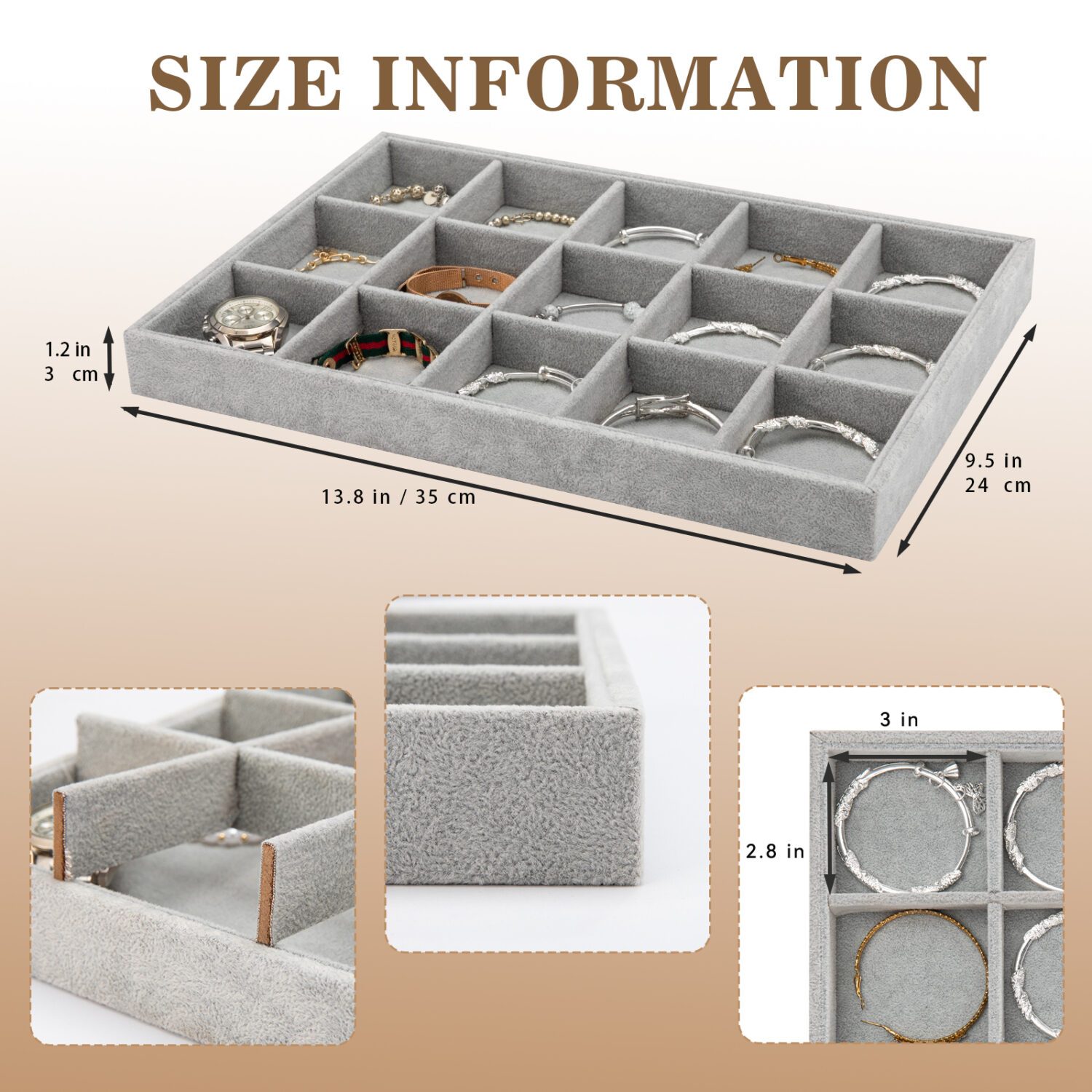 Polmart Stackable 15-Grid Jewelry Organizer/Storage/Display Trays, Gray Velvet (2-Pack) - Image 5