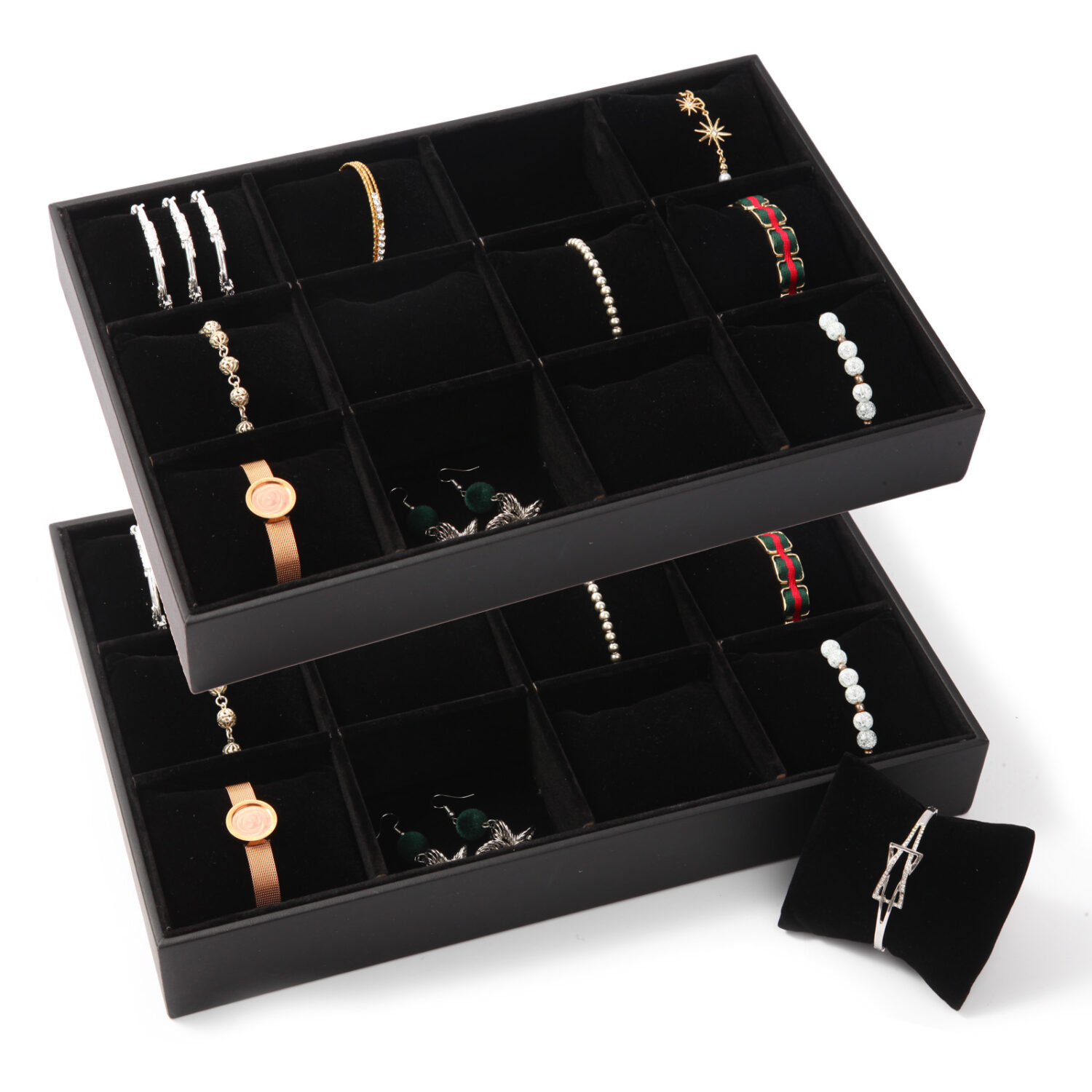 Polmart Stackable 12-Grid Jewelry Tray with Pillow, Black Velvet (2-Pack)