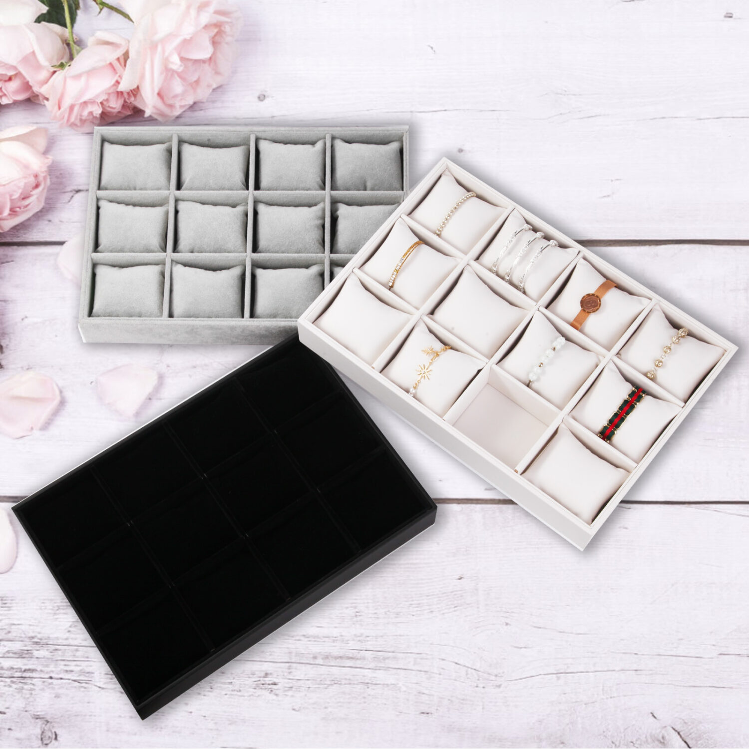 Polmart Stackable 12-Grid Jewelry Tray with Pillow, White Leatherette (2-Pack) - Image 6