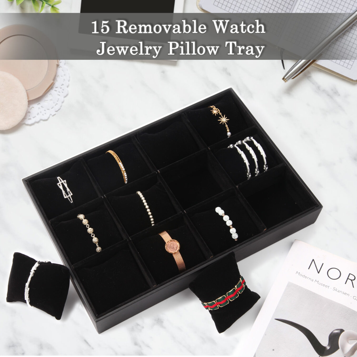 Polmart Stackable 12-Grid Jewelry Tray with Pillow, Black Velvet (2-Pack) - Image 4