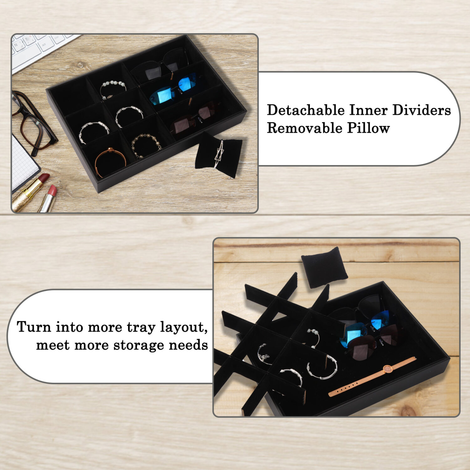 Polmart Stackable 12-Grid Jewelry Tray with Pillow, Black Velvet (2-Pack) - Image 5