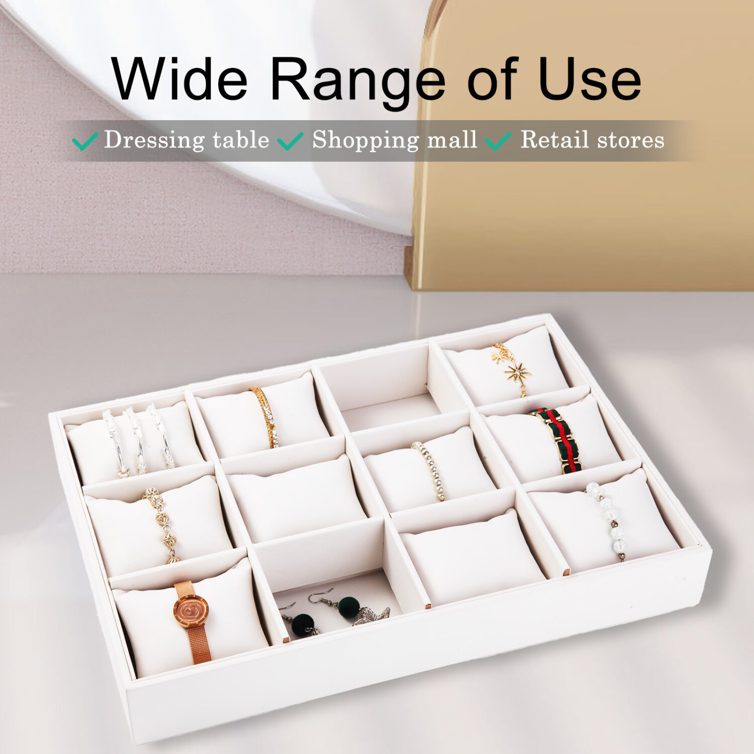Polmart Stackable 12-Grid Jewelry Tray with Pillow, White Leatherette (2-Pack) - Image 2
